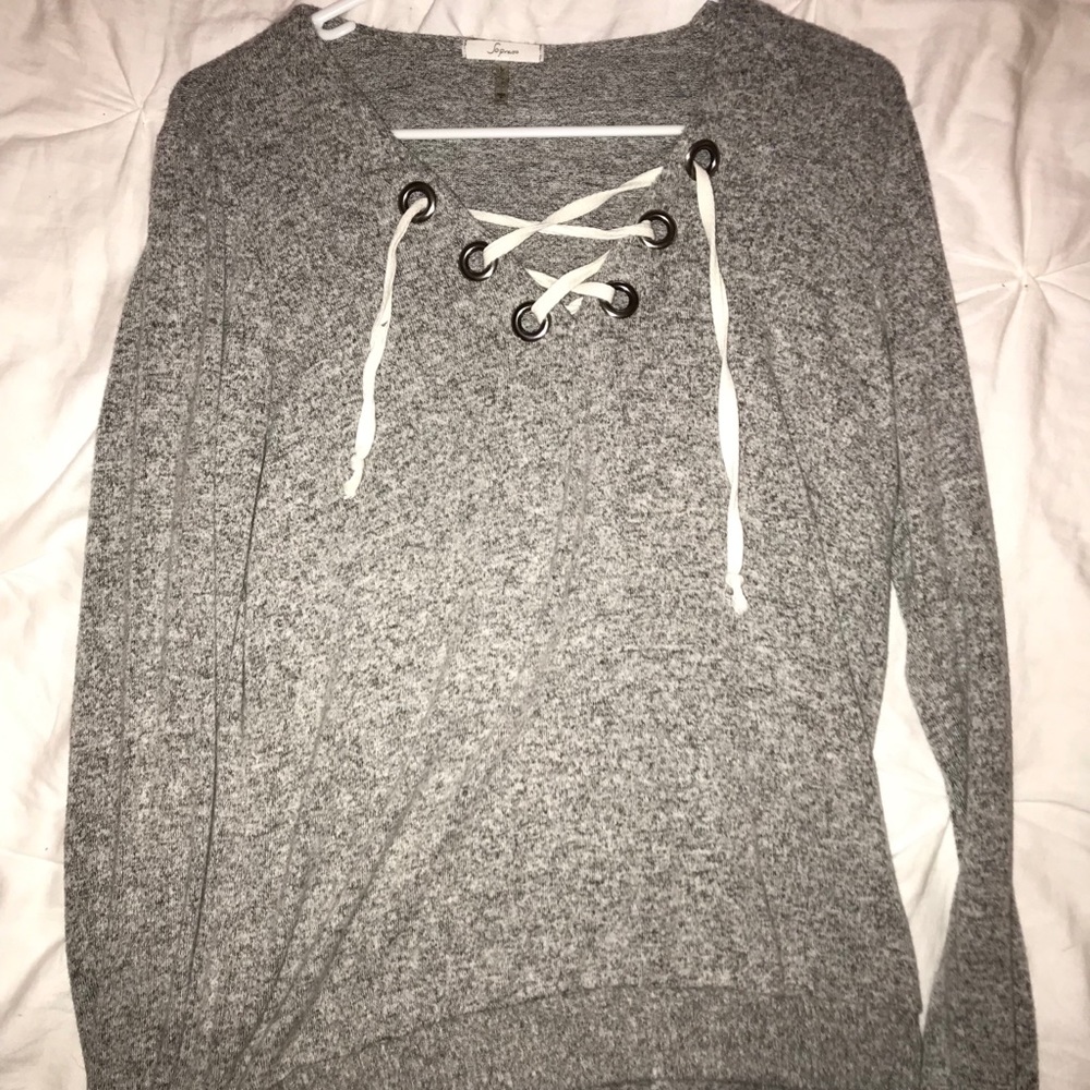 Gray lace up lightweight sweater